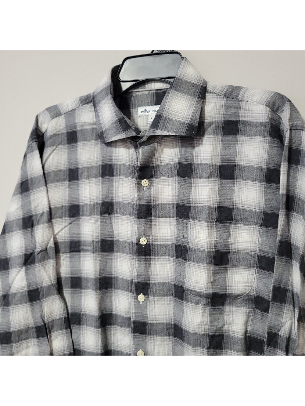 Peter Millar Button Up Shirt Mens L Gray Black Plaid Cotton Long Sleeve Casual